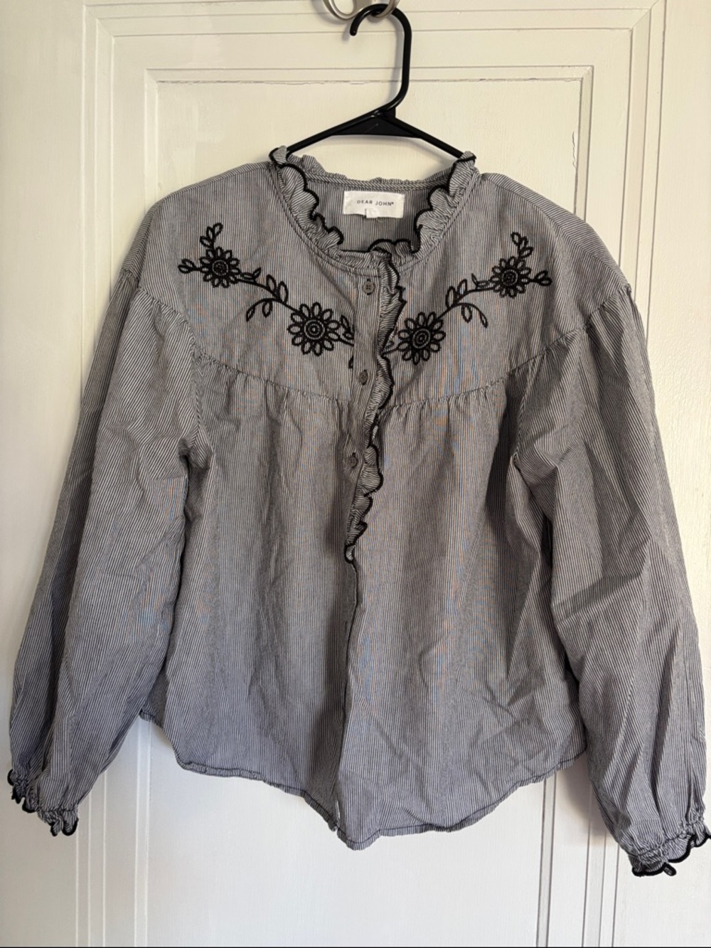 Dear John Black-Embroidered Pinstripe Ruffle Blouse
